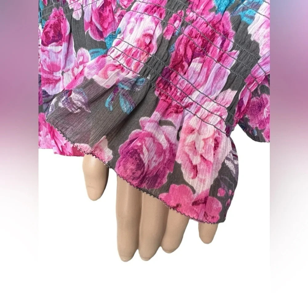 Torrid Crinkle Floral Chiffon Smocked Ruffle Off Shoulder Crop Top Blouse Size 1 - Picture 7 of 14